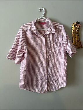 100% cotton Woman Within Pink and White Striped Button-Front Shirt size L